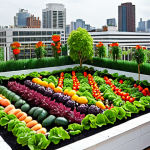 **Rooftop Garden Oasis:** A vibrant rooftop garden in a city, overflowing with vegetables, flowers, and fruit trees. Focus on the lush greenery contrasting with the urban background, emphasizing sustainability and tranquility.