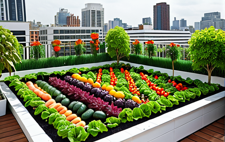 **Rooftop Garden Oasis:** A vibrant rooftop garden in a city, overflowing with vegetables, flowers, and fruit trees. Focus on the lush greenery contrasting with the urban background, emphasizing sustainability and tranquility.