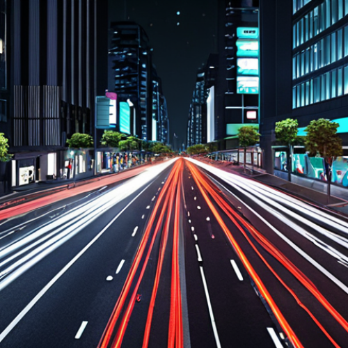**A smart city street scene at night:** Showcasing data-driven decisions. Include CCTV cameras, sensors, and traffic signals optimized for real-time traffic data to reduce congestion. Focus on the use of technology for efficient traffic management and enhanced security.