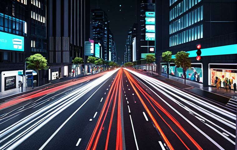 **A smart city street scene at night:** Showcasing data-driven decisions. Include CCTV cameras, sensors, and traffic signals optimized for real-time traffic data to reduce congestion. Focus on the use of technology for efficient traffic management and enhanced security.