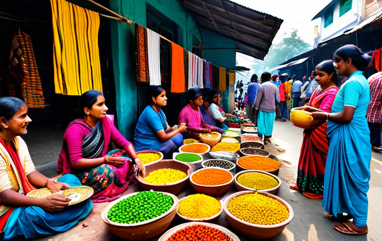 **

"A bustling local marketplace in a Bengali town, showcasing small businesses and vendors selling handicrafts, produce, and textiles.  People are interacting and shopping, creating a lively atmosphere.  Focus on vibrant colors and authentic details.  Fully clothed subjects in traditional attire.  Safe for work, appropriate content, professional photography, perfect anatomy, natural proportions, well-formed hands, proper finger count, natural body proportions, high quality."

**