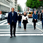 **

"A busy city street scene, daytime, showing pedestrians using a designated zebra crossing. Cars are stopped at the traffic signal. Focus on pedestrian safety and awareness. Fully clothed people, appropriate attire, safe for work, perfect anatomy, correct proportions, professional photography, high quality, family-friendly."

**
