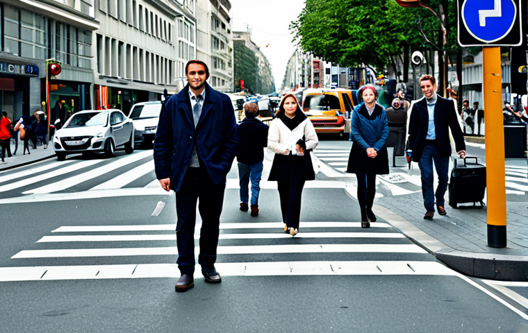 **

"A busy city street scene, daytime, showing pedestrians using a designated zebra crossing. Cars are stopped at the traffic signal. Focus on pedestrian safety and awareness. Fully clothed people, appropriate attire, safe for work, perfect anatomy, correct proportions, professional photography, high quality, family-friendly."

**