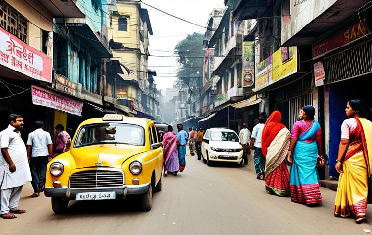 Kolkata Street Scene**
"A bustling Kolkata street scene, featuring modest shops, yellow taxis, and people in traditional, fully clothed Bengali attire, safe for work, appropriate content, professional photography, daytime, perfect anatomy, correct proportions, family-friendly, high quality."
**