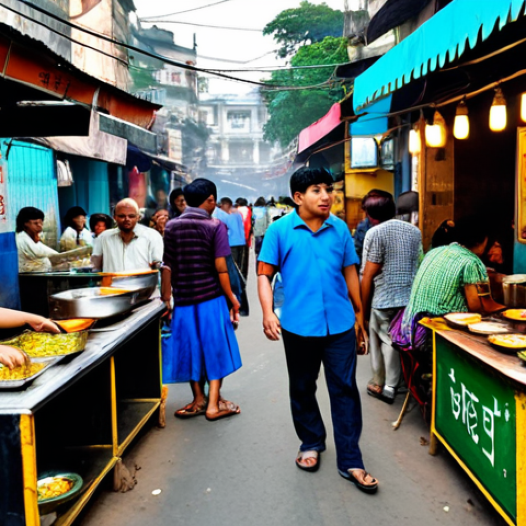 **
A bustling Kolkata street scene showcasing modern food culture. Focus on a street food stall offering Korean ramen alongside traditional fuchka. People are dressed in modern Western clothing, enjoying the diverse food options. Include elements of old Kolkata architecture in the background. Safe for work, appropriate content, fully clothed, professional photography, natural proportions.
**