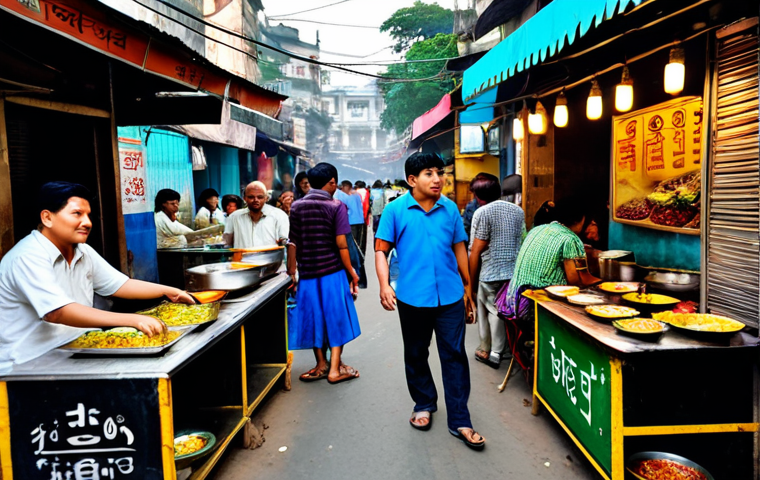 **

A bustling Kolkata street scene showcasing modern food culture. Focus on a street food stall offering Korean ramen alongside traditional fuchka. People are dressed in modern Western clothing, enjoying the diverse food options. Include elements of old Kolkata architecture in the background. Safe for work, appropriate content, fully clothed, professional photography, natural proportions.

**