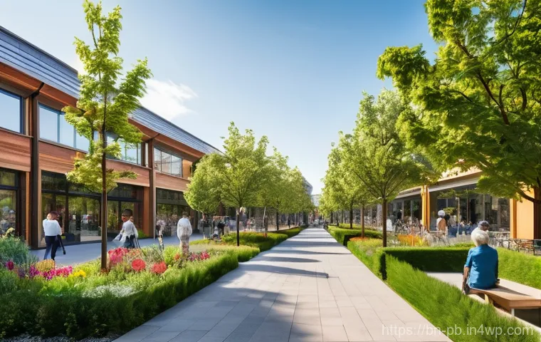 워커블 시티와 도시 지속 가능성 - **Prompt 1: A Vibrant Green Urban Oasis**
    A bustling, yet serene, walkable city street scene on ...