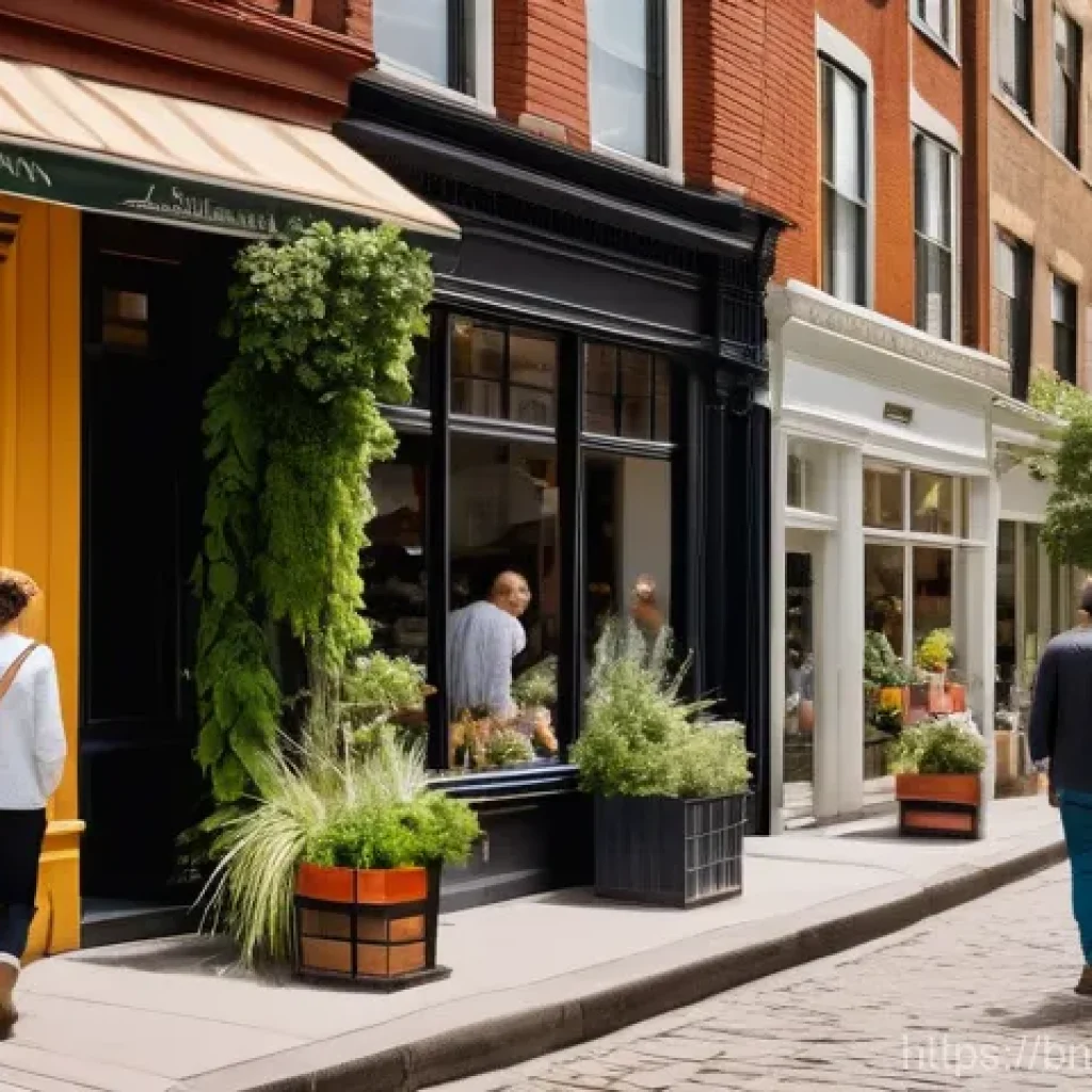워커블 시티의 실제 적용 사례 분석 - A lively, sun-drenched city street scene showcasing a vibrant, walkable urban environment. People of...