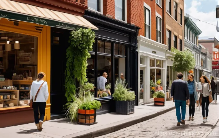 워커블 시티의 실제 적용 사례 분석 - A lively, sun-drenched city street scene showcasing a vibrant, walkable urban environment. People of...