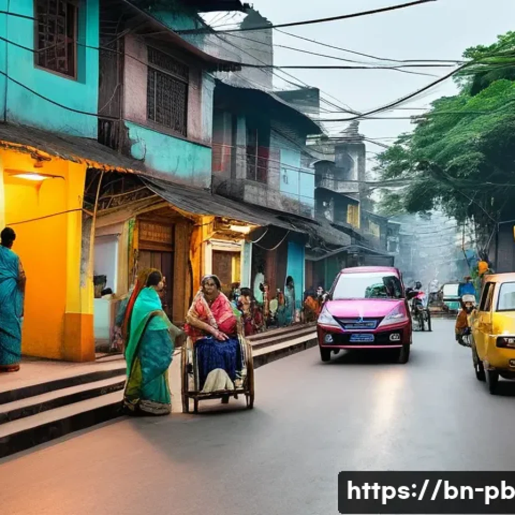 워커블 시티 디자인과 혁신적 기술 접목 - A vibrant urban street scene in a Bengali city featuring wide, smooth sidewalks with gentle slopes a...