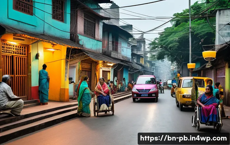워커블 시티 디자인과 혁신적 기술 접목 - A vibrant urban street scene in a Bengali city featuring wide, smooth sidewalks with gentle slopes a...