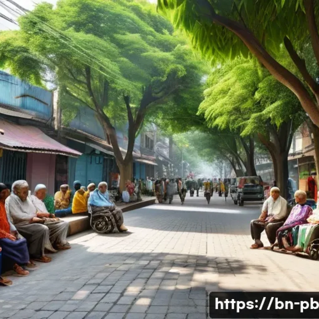 워커블 시티 디자인의 미래 전망 - A vibrant urban street scene in a Bengali city featuring wide, shaded sidewalks lined with lush gree...