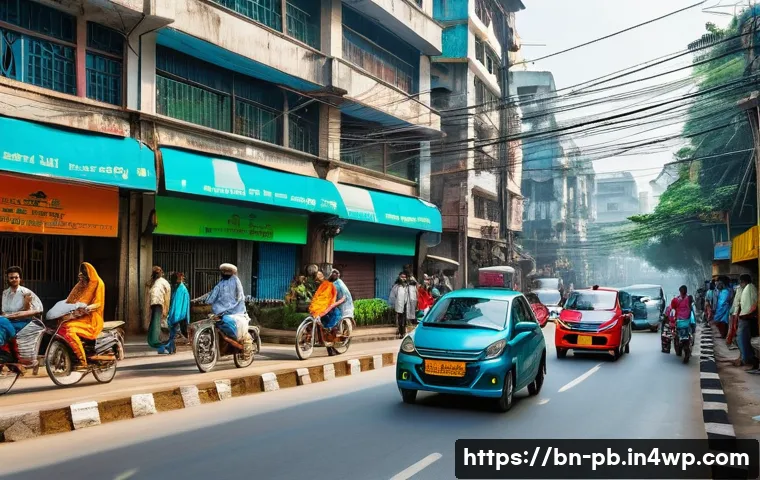 워커블 시티의 정보통신기술 활용 방안 - A vibrant urban street scene in a Bengali city featuring smart traffic management technology: multip...