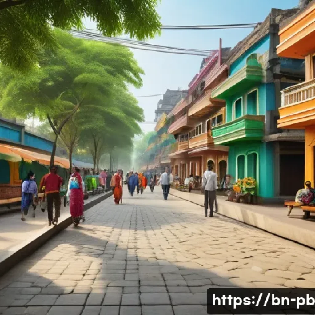 워커블 시티 디자인의 혁신적 아이디어 - A vibrant urban street scene in a Bengali city featuring a wide, shaded pedestrian pathway lined wit...