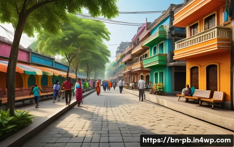 워커블 시티 디자인의 혁신적 아이디어 - A vibrant urban street scene in a Bengali city featuring a wide, shaded pedestrian pathway lined wit...
