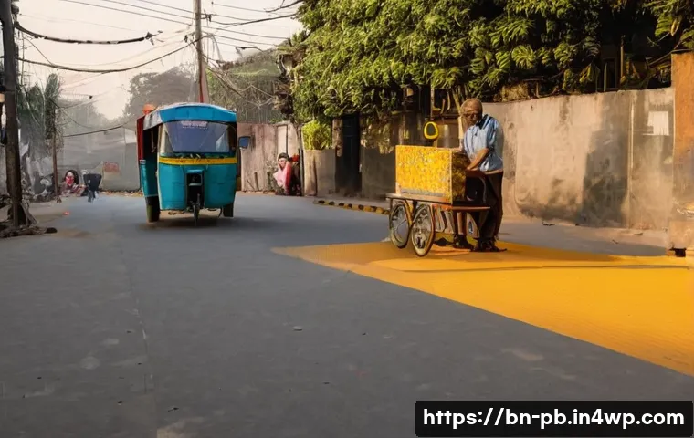 워커블 시티 디자인의 법적 기준 - ) A street-level, documentary-style scene of a compact Bengali urban neighborhood (bosti edge) at go...