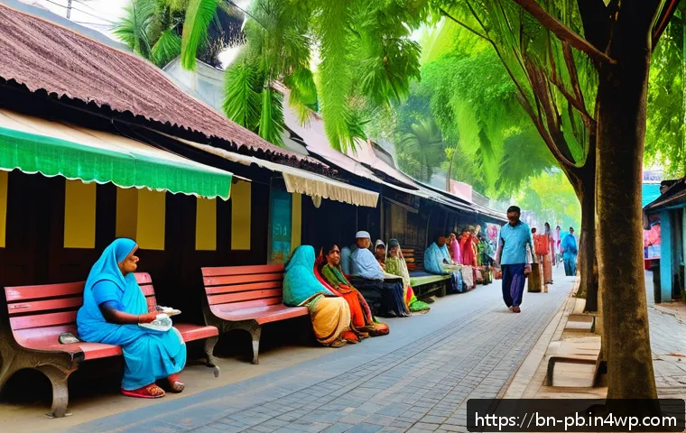 워커블 시티 디자인을 위한 정책 제안 - A vibrant urban street scene in a Bengali city featuring a wide, well-maintained pedestrian sidewalk...