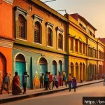 Home 20 워커블 시티에서의 지역 주민의 문화적 기여 - A vibrant street scene in Walkers City during sunset, featuring large colorful murals depicting the ...