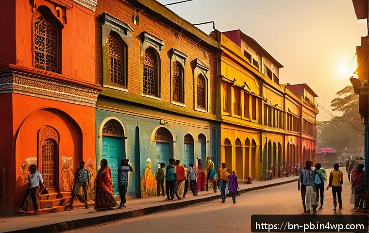 워커블 시티에서의 지역 주민의 문화적 기여 - A vibrant street scene in Walkers City during sunset, featuring large colorful murals depicting the ...