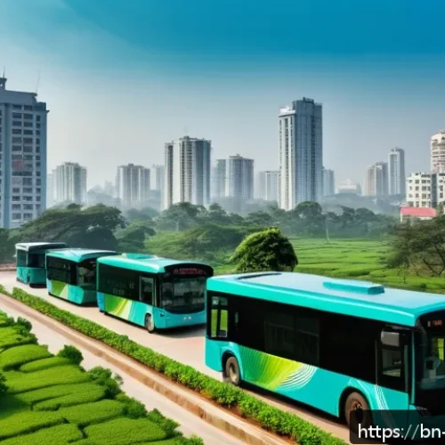 Home 31 워커블 시티와 기후 변화 대응 - A vibrant smart city scene in Bangladesh featuring modern IoT sensors and digital data analytics pan...
