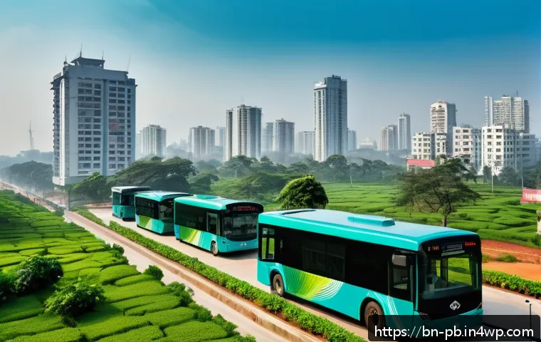 워커블 시티와 기후 변화 대응 - A vibrant smart city scene in Bangladesh featuring modern IoT sensors and digital data analytics pan...