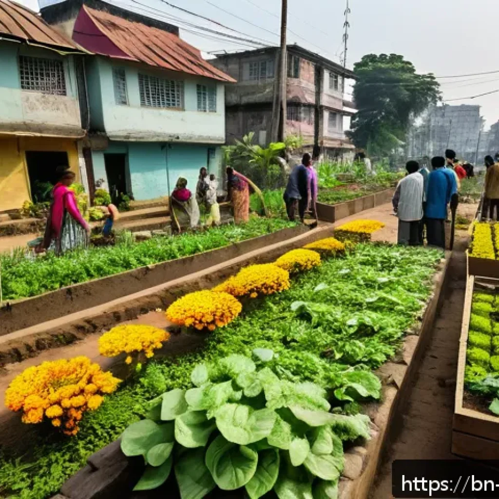 도시 내 재활용 공간 디자인 사례 - A vibrant urban community garden located beside a busy city street in Bangladesh, featuring neighbor...