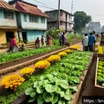 Home 23 도시 내 재활용 공간 디자인 사례 - A vibrant urban community garden located beside a busy city street in Bangladesh, featuring neighbor...
