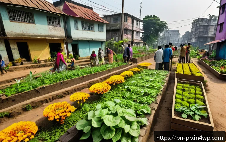도시 내 재활용 공간 디자인 사례 - A vibrant urban community garden located beside a busy city street in Bangladesh, featuring neighbor...