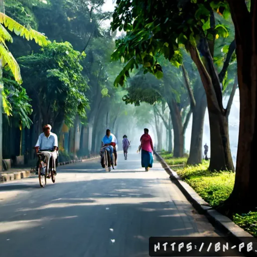 워커블 시티에서의 시민 인식 변화 - Photorealistic street scene in a walkable Dhaka neighborhood at early morning, Bengali residents of ...