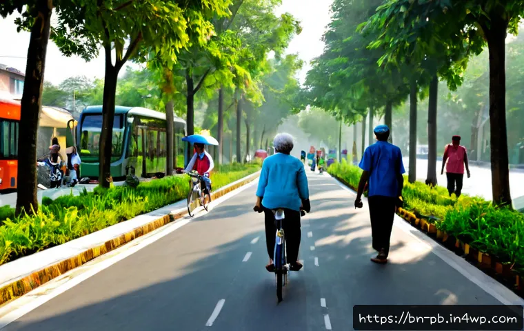 워커블 시티의 지속 가능한 교통수단 - Photorealistic sustainable walkable city street in a modern South Asian neighborhood, wide shaded si...
