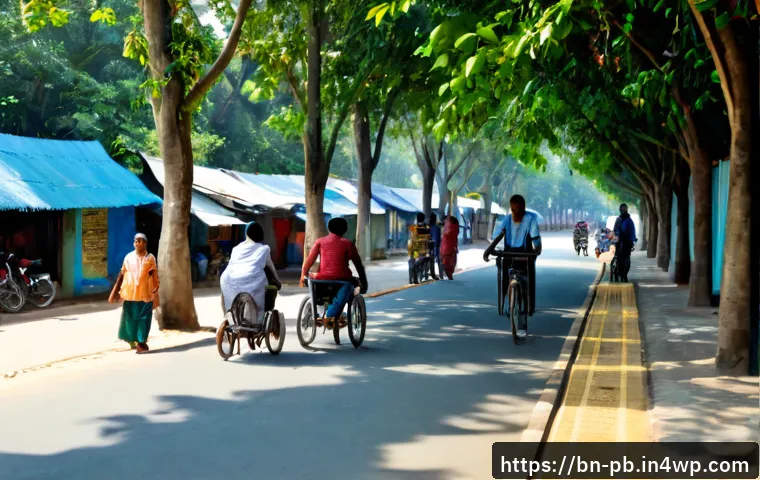 워커블 시티 디자인의 사회적 영향력 - Photorealistic walkable urban neighborhood in Bangladesh, diverse residents including elderly people...